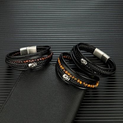 multilayer leather and lava stone skull bracelets for men