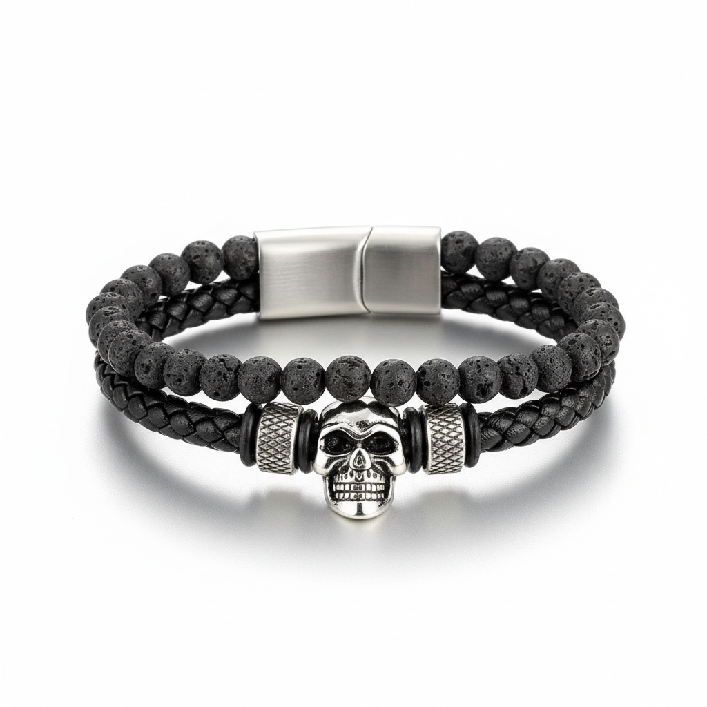 men's skull lava stone beaded bracelet with braided leather