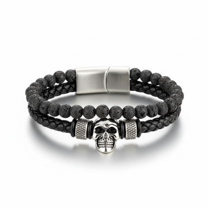 men's skull lava stone beaded bracelet with braided leather