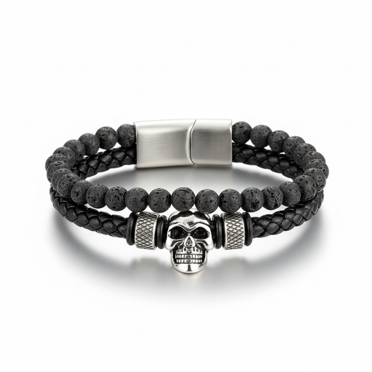 men's skull lava stone beaded bracelet with braided leather