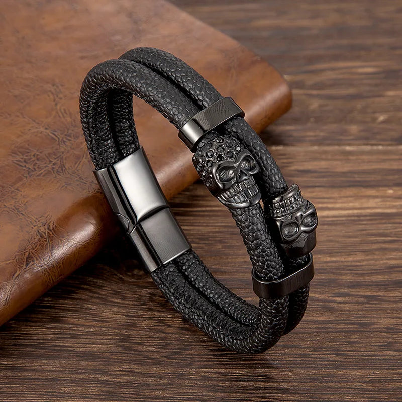 men's skull bracelet made with textured stingray leather