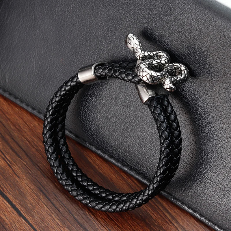 black leather bracelet with detailed snake centerpiece for men