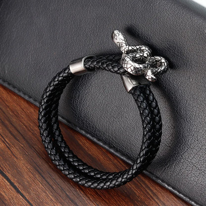 black leather bracelet with detailed snake centerpiece for men