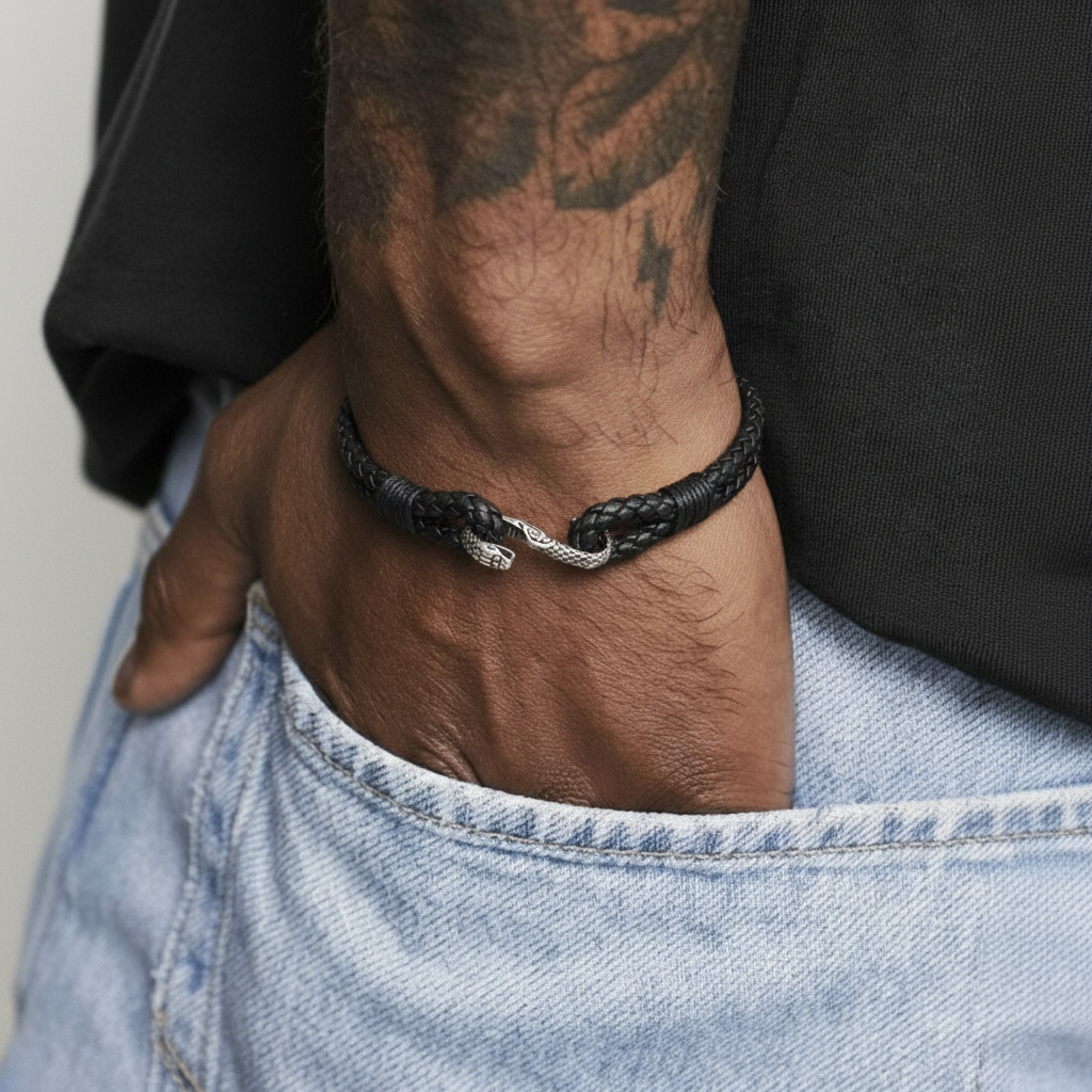 men's snake leather bracelet braided black design on wrist
