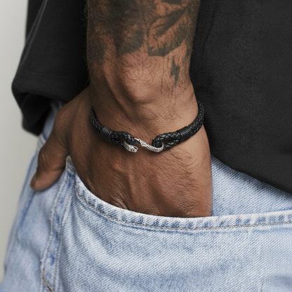 men's snake leather bracelet braided black design on wrist