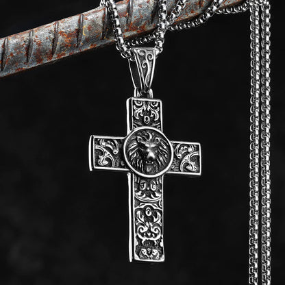 Vintage style lion cross necklace for men with floral carvings