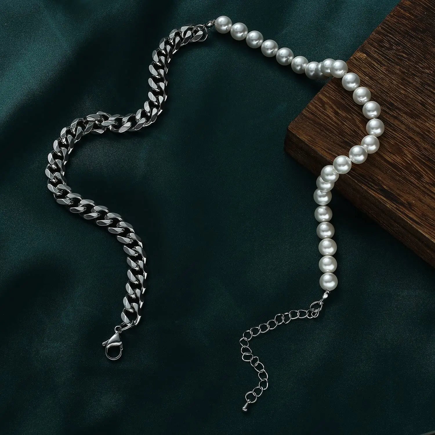 Streetwear pearl and stainless steel Cuban link necklace for men