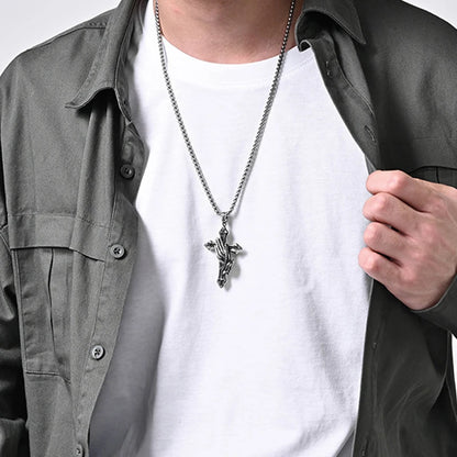 Christian prayer cross necklace with vintage stainless steel finish