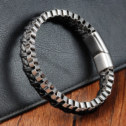 men's steel link bracelet with braided black leather wristband