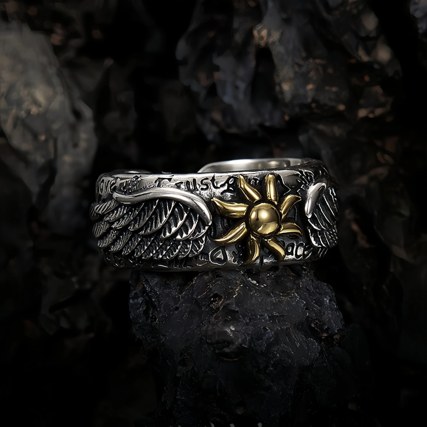 Sun symbol statement ring stainless steel wing design jewelry