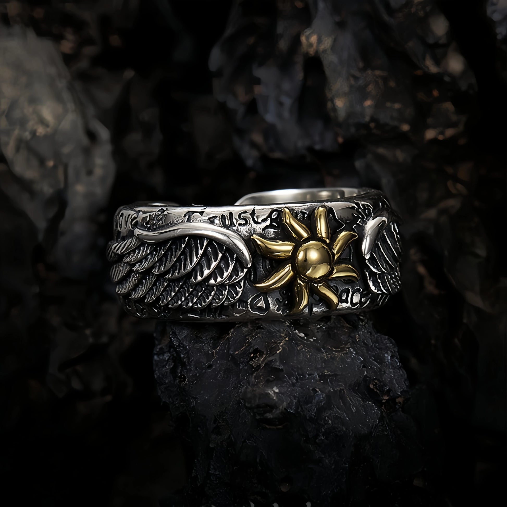 Sun symbol statement ring stainless steel wing design jewelry