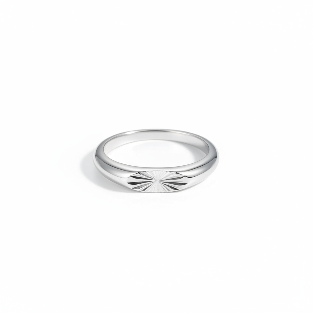 Sunburst engraved stainless steel signet ring minimalist silver band