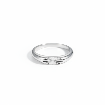 Sunburst engraved stainless steel signet ring minimalist silver band