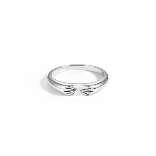 Sunburst engraved stainless steel signet ring minimalist silver band
