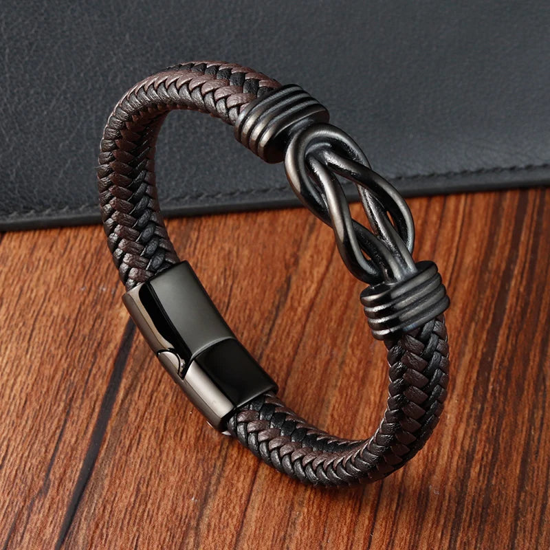 symbolic infinity leather bracelet men's stainless steel knot