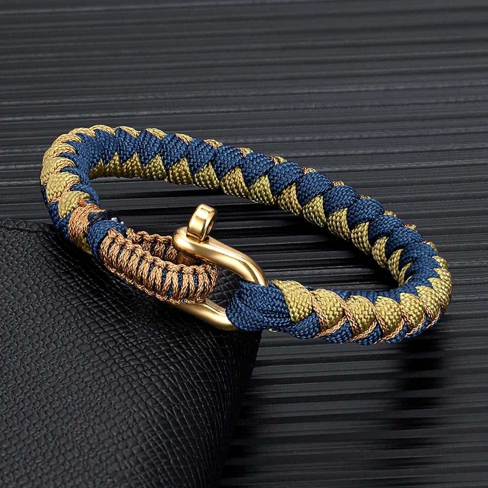tactical blue and gold rope bracelet for men with stainless steel shackle clasp