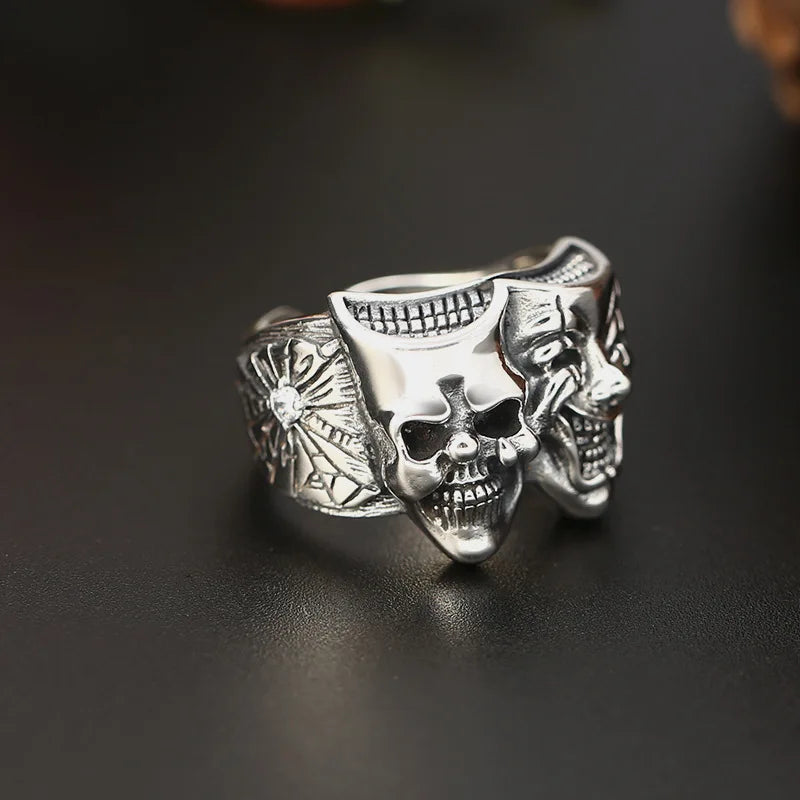 Theater mask skull ring stainless steel dramatic statement jewelry