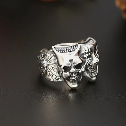 Theater mask skull ring stainless steel dramatic statement jewelry