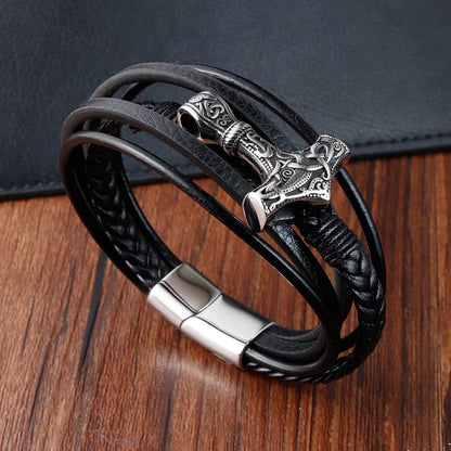 black leather bracelet with mjolnir hammer for men