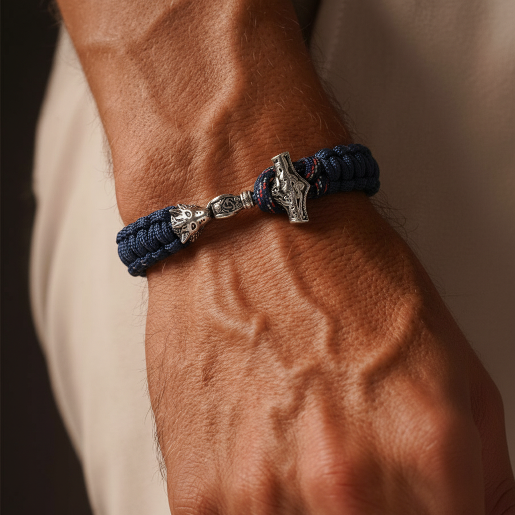 Thor's hammer bracelet for men with braided paracord design on wrist