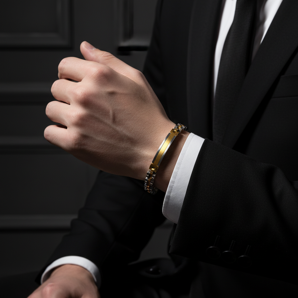 two tone men's stainless steel bracelet with gold detail
