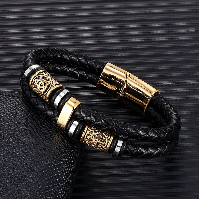 men's norse vegvisir compass bracelet with braided leather
