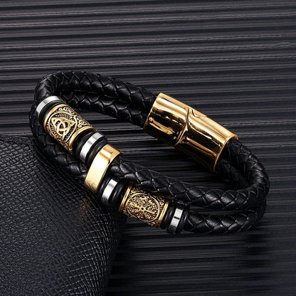 men's norse vegvisir compass bracelet with braided leather