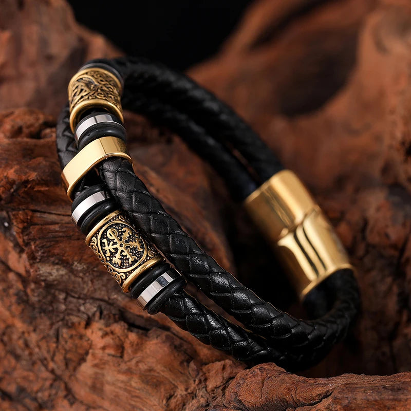 viking compass vegvisir leather bracelet with stainless steel clasp