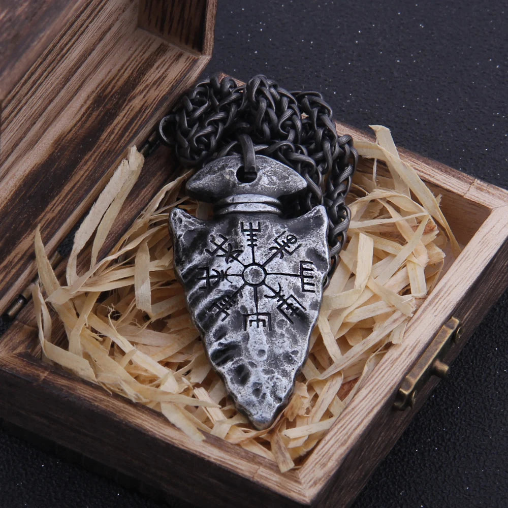 Norse rune spear pendant necklace featuring Helm of Awe symbol