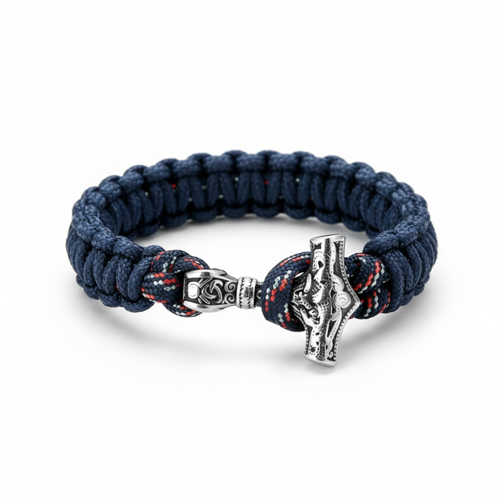 Viking Mjolnir bracelet with Thor's hammer clasp and navy paracord.