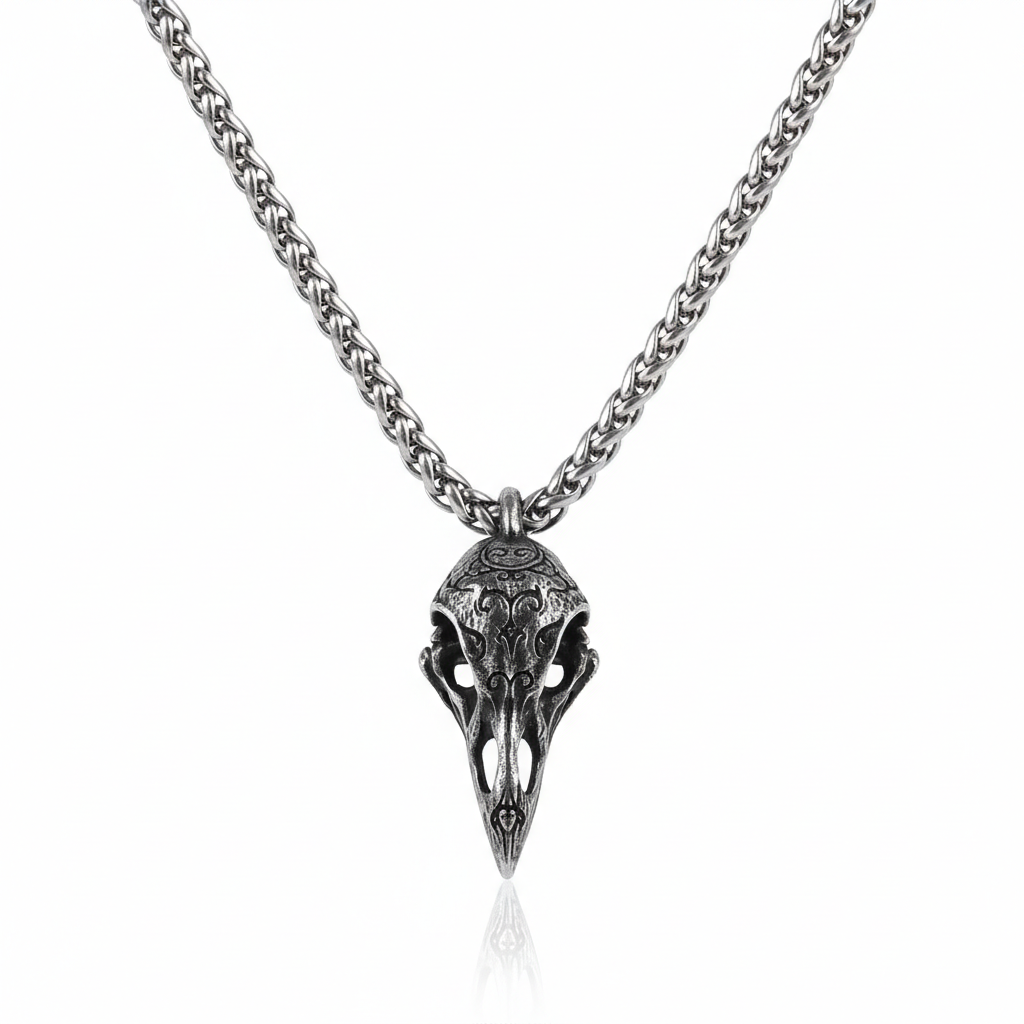 Viking raven skull pendant necklace made from stainless steel