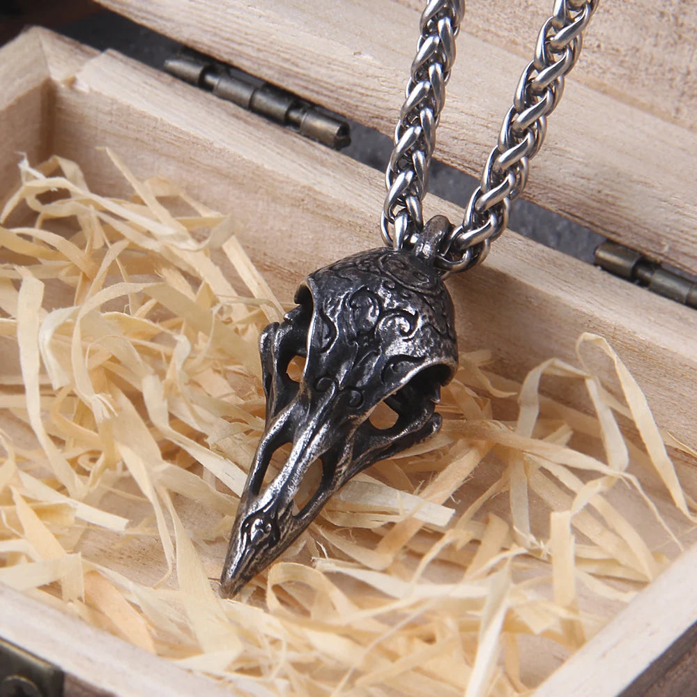 Viking style raven skull necklace with Nordic design