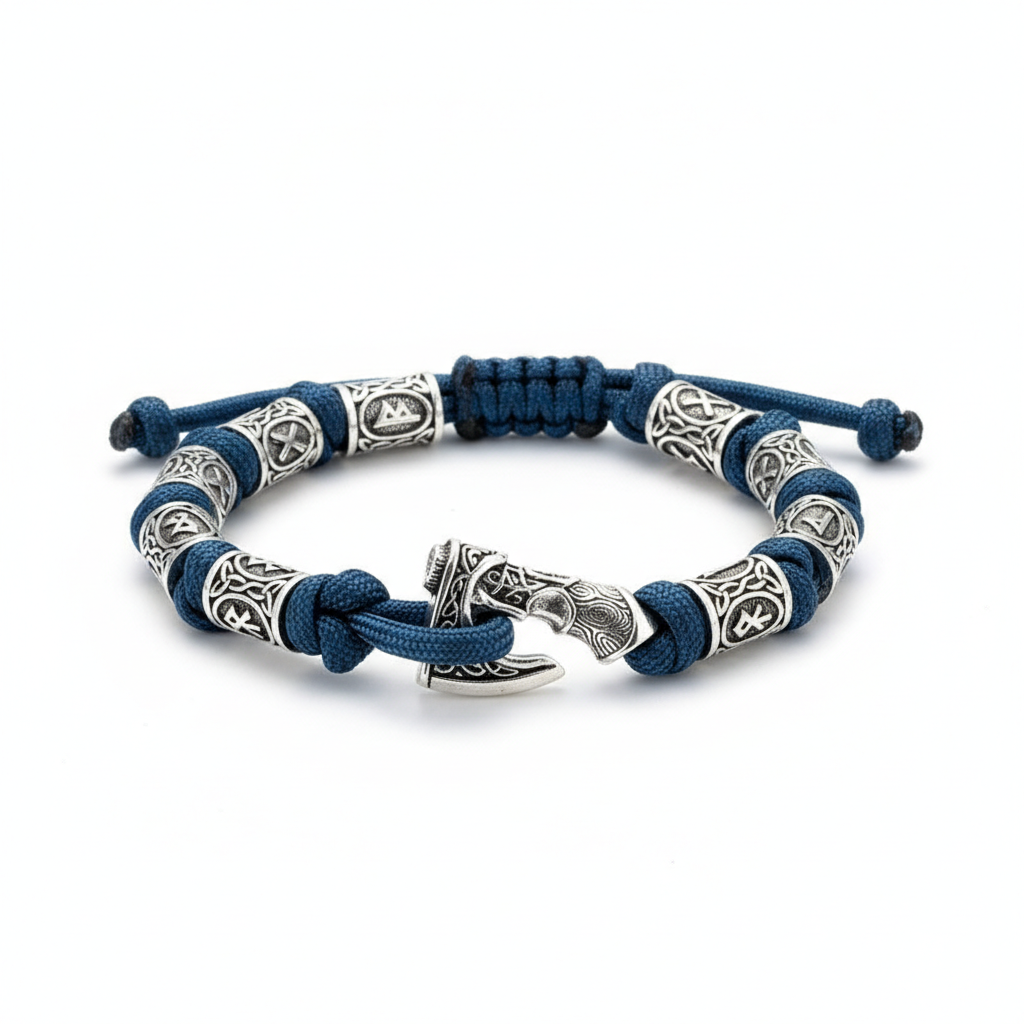 Viking rune axe bracelet with stainless steel beads and navy cord