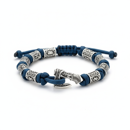 Viking rune axe bracelet with stainless steel beads and navy cord