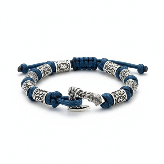 Viking rune axe bracelet with stainless steel beads and navy cord