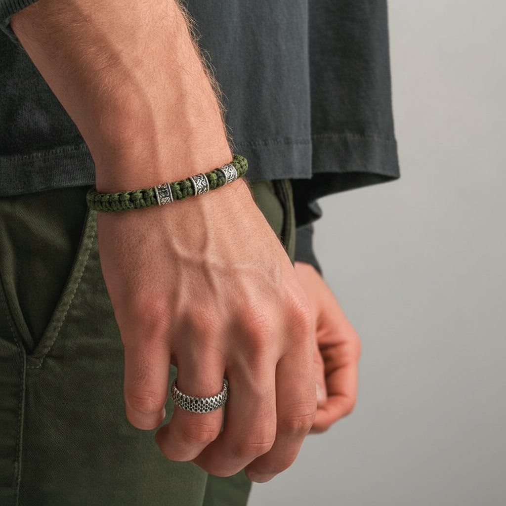 Viking runic bracelet with adjustable paracord and rune beads on wrist
