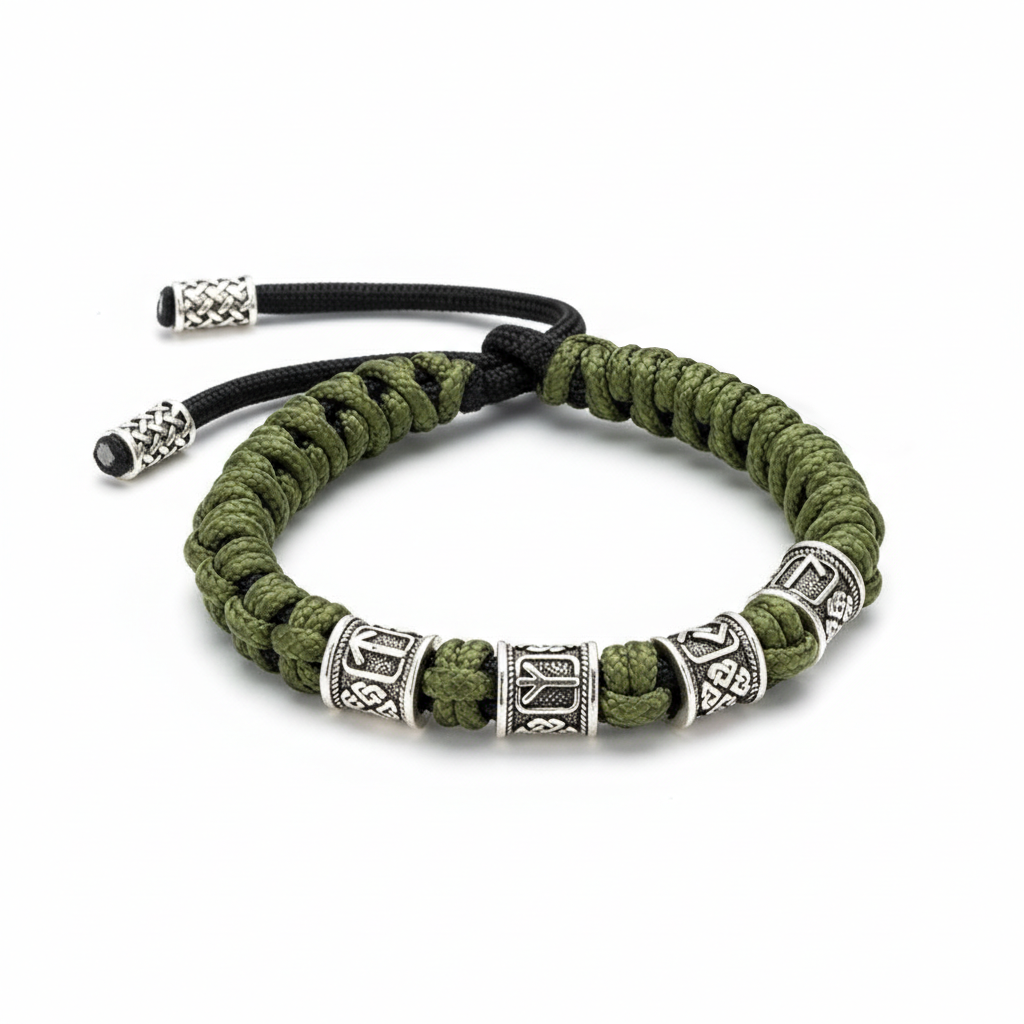 Viking rune bracelet with stainless steel runic beads and braided paracord.