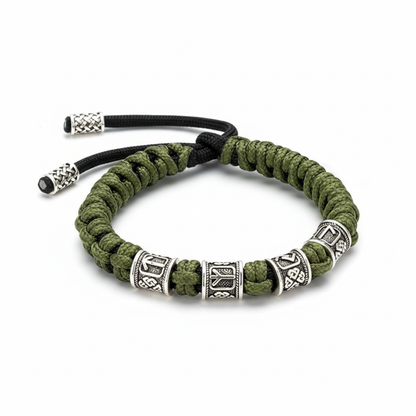Viking rune bracelet with stainless steel runic beads and braided paracord.
