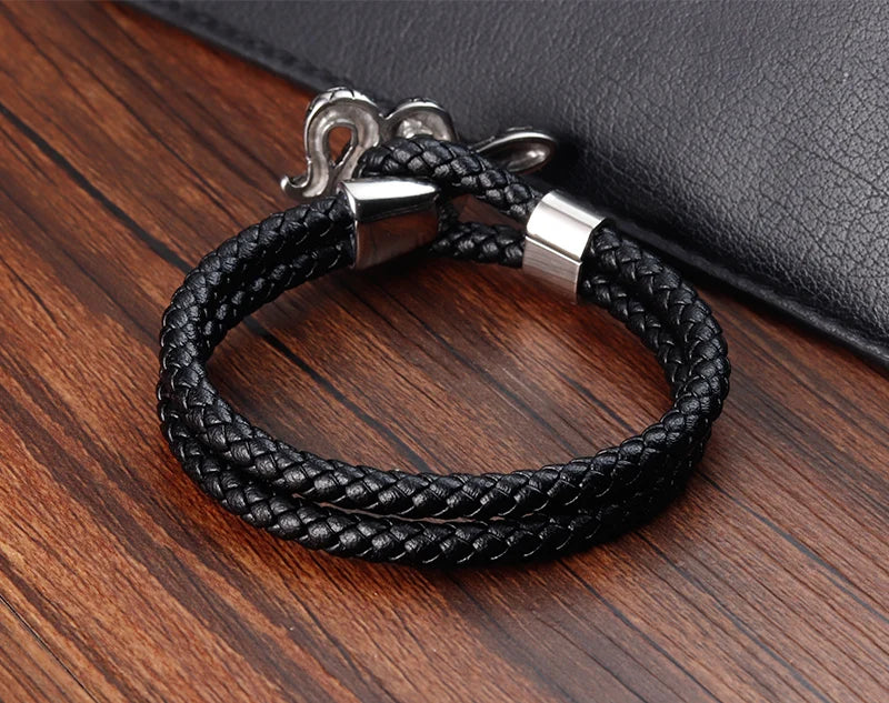 viking style snake leather bracelet for men black braided design