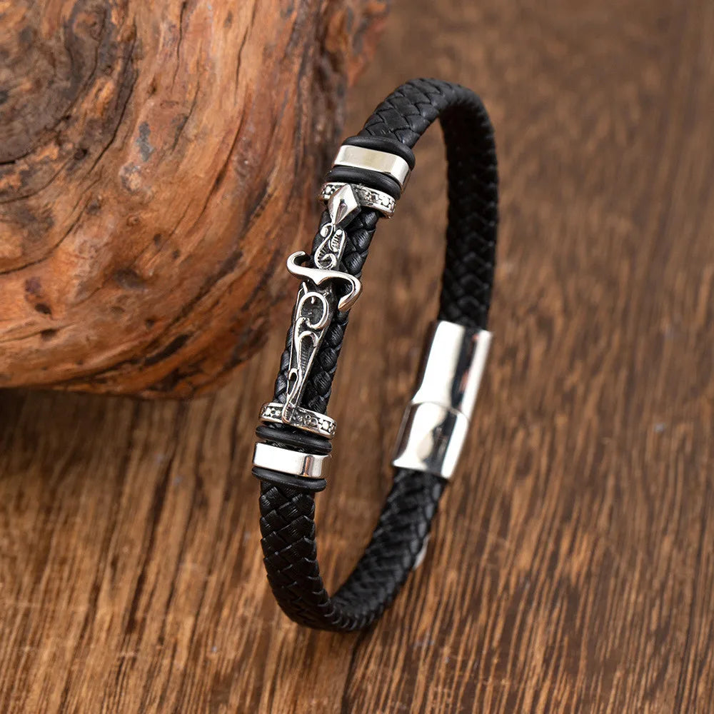 viking sword bracelet for men with braided black leather