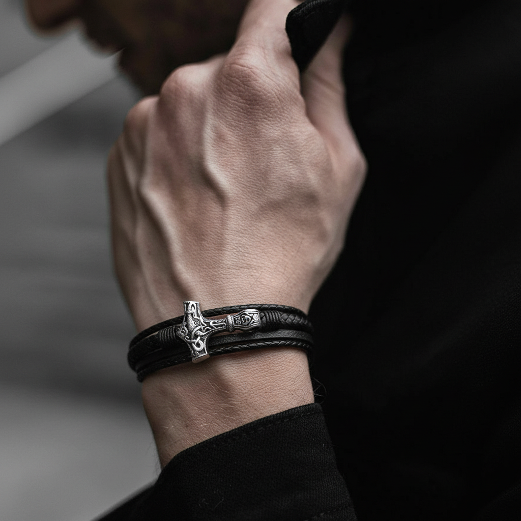 men's viking bracelet with thor hammer stainless steel leather on wrist