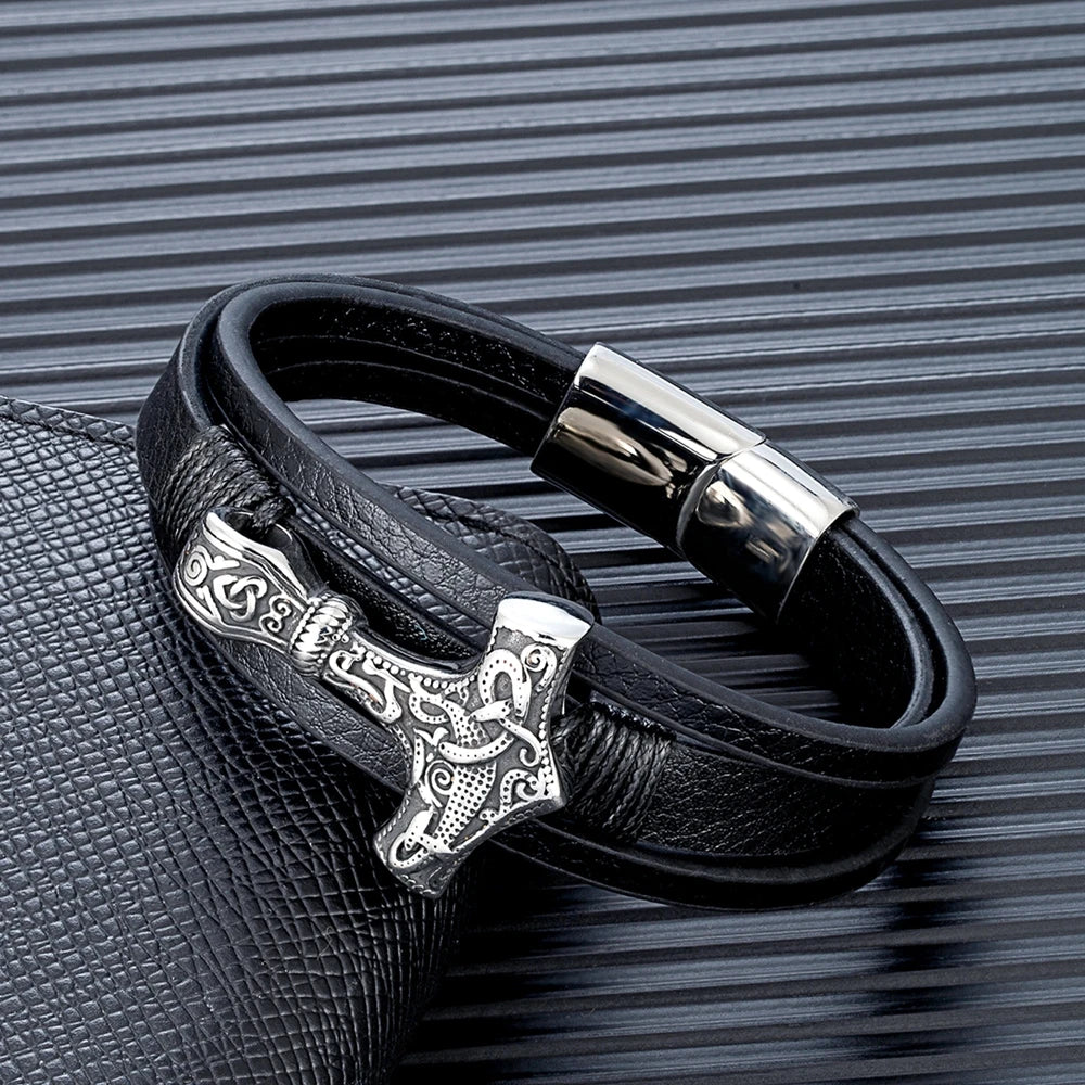 norse thor hammer bracelet with braided black leather and stainless clasp