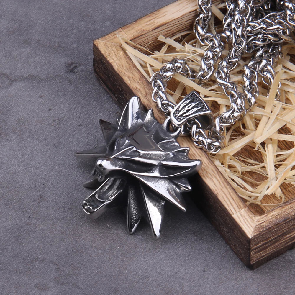 Close up of stainless steel wolf head pendant necklace