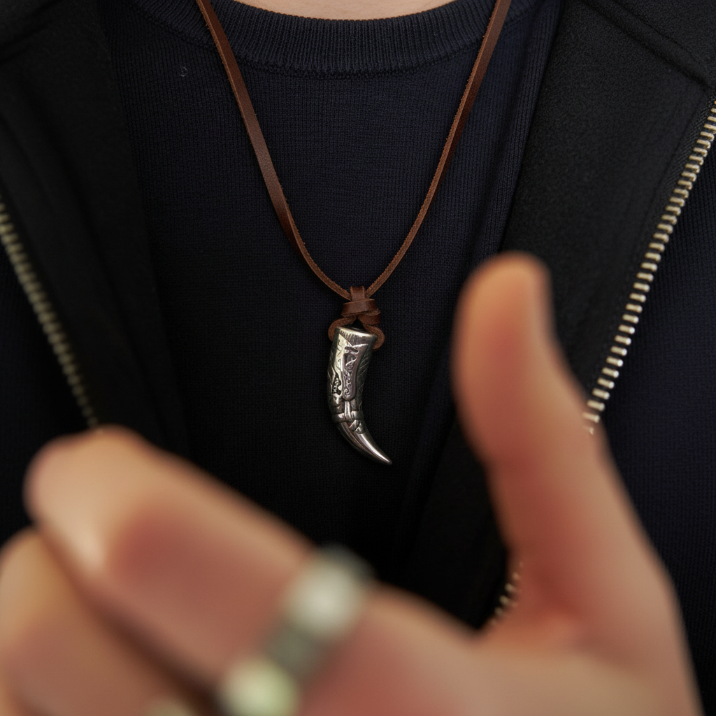 Viking wolf tooth necklace with engraved tribal patterns