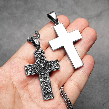 Christian cross pendant necklace featuring lion emblem