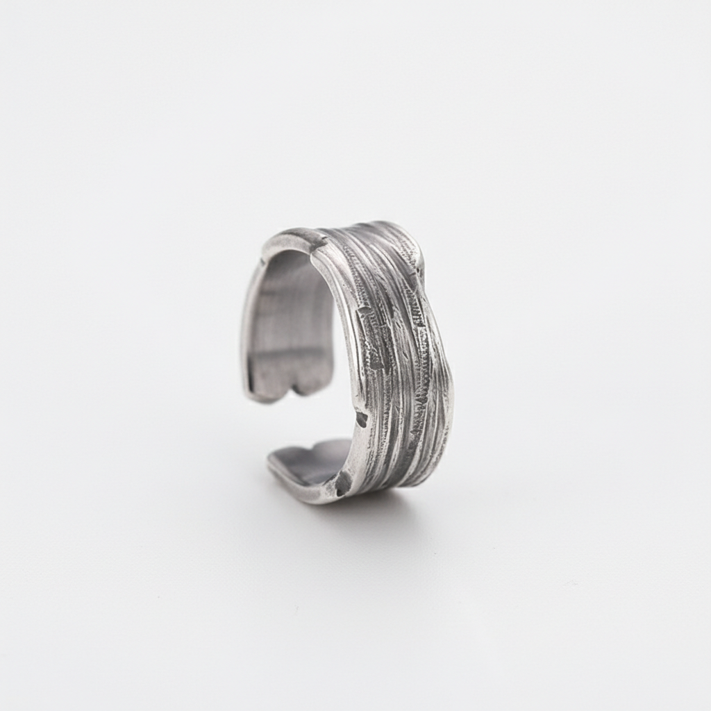 Vintage textured cuff ring stainless steel distressed band