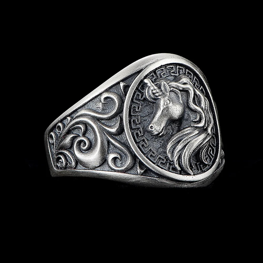 Vintage unicorn ring stainless steel engraved medallion design