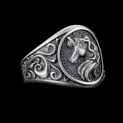 Vintage unicorn ring stainless steel engraved medallion design