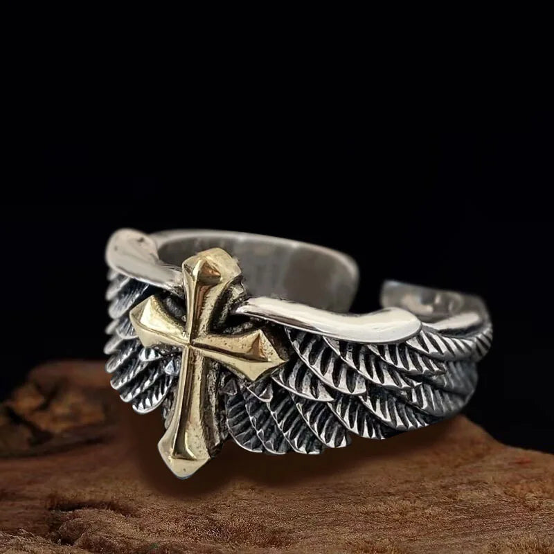 Winged cross ring stainless steel adjustable Christian ring