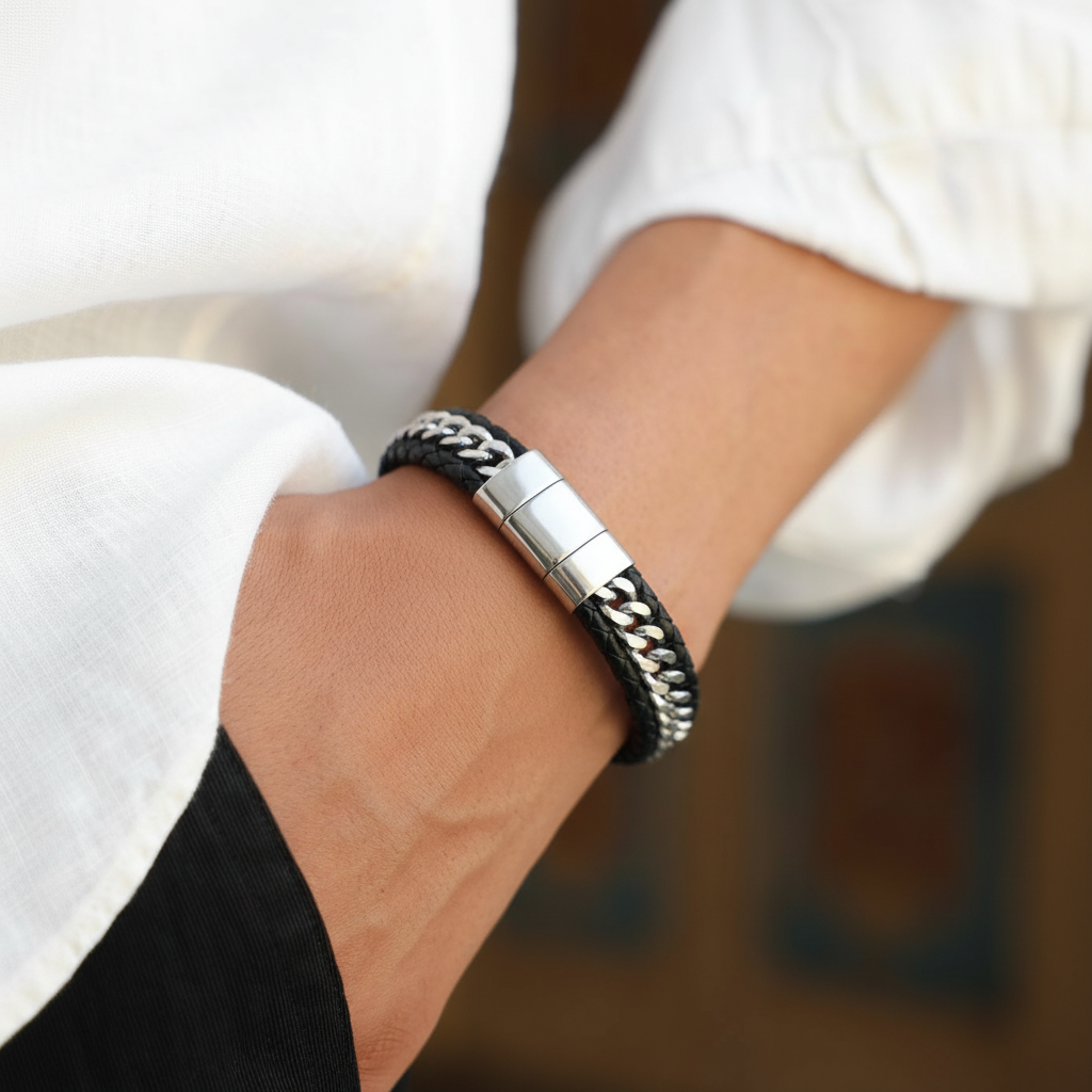 black leather chain bracelet stainless steel men's accessory on wrist
